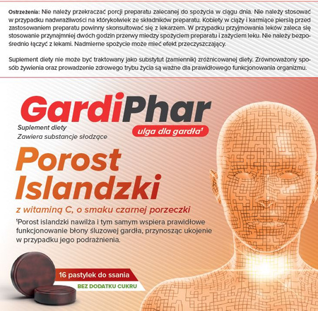 GardiPhar Porost Islandzki z witaminą C o smaku czarnej porzeczki  - 16 pastylek do ssania