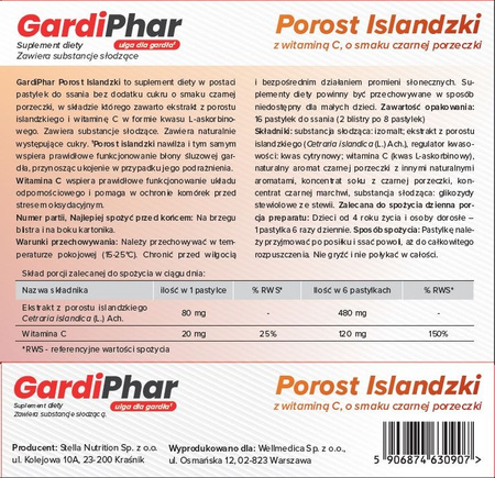 GardiPhar Porost Islandzki z witaminą C o smaku czarnej porzeczki  - 16 pastylek do ssania