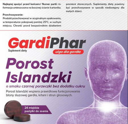 GardiPhar Porost Islandzki o smaku czarnej porzeczki - 24 miękkie pastylki do ssania